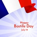 Ribbon flag of France and text Happy Bastille Day on a light background Brochure banner layout with wavy lines of French flag