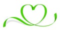 Ribbon green heart shape isolated on white, ribbon line green heart-shaped, heart shape ribbon stripes green, copy space, border