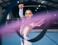 Ribbon, gymnastics and portrait of woman dance for performance, sports competition and action show. Female, rhythmic