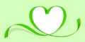 Ribbon heart shape green isolated on  green pastel, ribbon line green heart-shaped, heart shape ribbon stripes green, copy space, Royalty Free Stock Photo