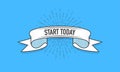 Ribbon with the inscription Start Today. Old vintage ribbon banner in engraving style and light rays on the blue Royalty Free Stock Photo