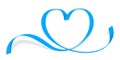 Ribbon light blue heart shape isolated on white, ribbon line blue heart-shaped, heart shape ribbon stripes blue, copy space,