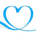 Ribbon light blue heart shape isolated on white, ribbon line blue heart-shaped, heart shape ribbon stripes blue, copy space,