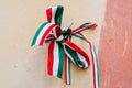 Ribbon with national colours of Hungary tied up to the oldcastle wall in Mukachevo, Ukraine. National memory day concept.