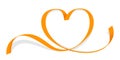 Ribbon orange heart shape isolated on white, ribbon line orange heart-shaped, heart shape ribbon stripes orange, copy space,