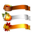 Ribbon with Orange pumpkins, Autumnal leaves and basket full ripe apples Royalty Free Stock Photo