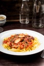 Ribbon pasta with chicken and tomato leek sauce Royalty Free Stock Photo