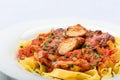 Ribbon pasta with chicken and tomato leek sauce Royalty Free Stock Photo