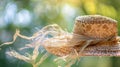 The ribbon on a raffia hat twirling and twirling as its swept up by the gusts of wind Royalty Free Stock Photo