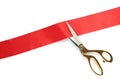 Ribbon and scissors on white background, top view Royalty Free Stock Photo