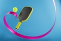 Ribbon with sports ball and pickleball racket. Sports background for posters, booklets for competitions. 3d rendering Royalty Free Stock Photo