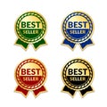 Ribbons award best seller set. Gold ribbon award icon isolated white background. Bestseller golden tag sale label, badge