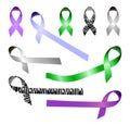 Ribbons awareness month set vector. Carcinoid, glaucoma, lungs, stomach cancer sign campaign for emblem, medical web