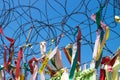 Ribbons tied at barbed wire at a fence at the demilitarised zone DMZ at the freedom bridge, South Korea, Asia