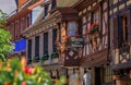 Alsatian winstub restaurant in a half timbered house in Ribeauville, France