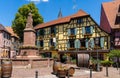 The historic village center of Ribeauville with fountain and wine casks in the village square