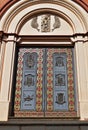 Decorative front door of Metropolitan Cathedral of San Sebastian in Ribeirao Preto, Brazil