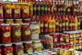 Jars with variety of peppers in municipal market of Ribeirao Preto