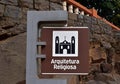 Metallic sign plate indicating the Religious Architecture in Ribeirao Preto, Brazil