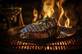 Ribeye steak on a flaming grill. Close-up of a juicy seared piece of meat lying on a grill. In the background the flames of fire.