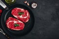 Ribeye Steak, Raw fresh beef meat with salt and rosemary in grill pan Royalty Free Stock Photo