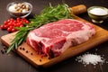 ribeye steak raw with fresh herbs and spices Royalty Free Stock Photo