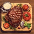Ribeye steak served on a wooden cutting board. Isolated food illustration. Steak illustration for menu. Roasted beefsteak. Grilled