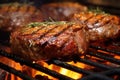 ribeye steaks on a flaming grill, close-up shot