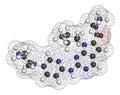 Ribociclib cancer drug molecule (CDK4/6 inhibitor). 3D rendering. Atoms are represented as spheres with conventional color coding