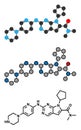 Ribociclib cancer drug molecule CDK4/6 inhibitor. Stylized 2D renderings and conventional skeletal formula.