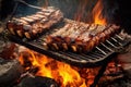 ribs basting with sauce over a crackling campfire