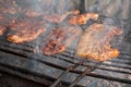 Ribs and pork meat fried on outdoor barbeque Royalty Free Stock Photo