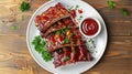 ribs in sauce on a plate. selective focus.