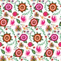 Seamless Mexican floral embroidery pattern, colorful native flowers folk fashion design. Embroidered Traditional Textile Style