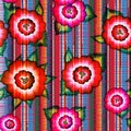 Seamless Mexican floral embroidery pattern, ethnic colorful native flowers folk fashion design. Embroidered Traditional Textile Royalty Free Stock Photo