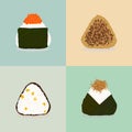 Rice balls. Japanese cuisine. Four onigiri types. Royalty Free Stock Photo