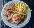 Rice bean chicken and fries Royalty Free Stock Photo