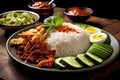Rice with beef, cucumber, egg and other vegetables, Nasi Lemak wrapped in banan leaf. Malaysian Food and Malaysia Flag, AI