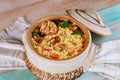 Rice with beef and vegetables in a clay pot. Close up. Asian cuisine Royalty Free Stock Photo