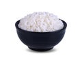 Rice in black cup Isolate on white background. Royalty Free Stock Photo