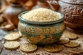 Rice in a bowl glass container with seven Chinese coins