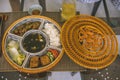 rice bowl with rattan, inside is traditional Vietnamese lunch, rice, soup, salty food. The scene is frugal and peaceful Royalty Free Stock Photo