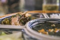 rice bowl with rattan, inside is traditional Vietnamese lunch, rice, soup, salty food. The scene is frugal and peaceful Royalty Free Stock Photo