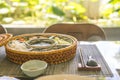rice bowl with rattan, inside is traditional Vietnamese lunch, rice, soup, salty food. The scene is frugal and peaceful Royalty Free Stock Photo