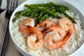 rice bowl top with shrimp and asparagus