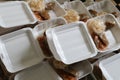 Rice box using sterofoam or styrofoam box with white rice, chicken, stir-fried potatoes, fried vermicelli, shrimp crackers and