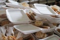 Rice box using sterofoam or styrofoam box with white rice, chicken, stir-fried potatoes, fried vermicelli, shrimp crackers and