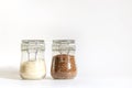 Rice and buckwheat tightly closed in a glass container. Cereals are stored in banks. Healthy food for vegetarianism and Royalty Free Stock Photo