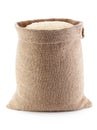 Rice in burlap sack, isolated on the white background