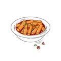 Rice cakes tteokbokki in bowl with spicy sauce. Sketch vector illustration Royalty Free Stock Photo